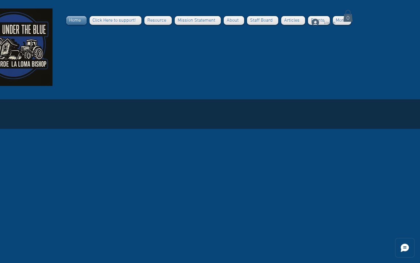 The old homepage: a cut-off logo, a row of small pill buttons, and a large empty blue area where the page should introduce itself