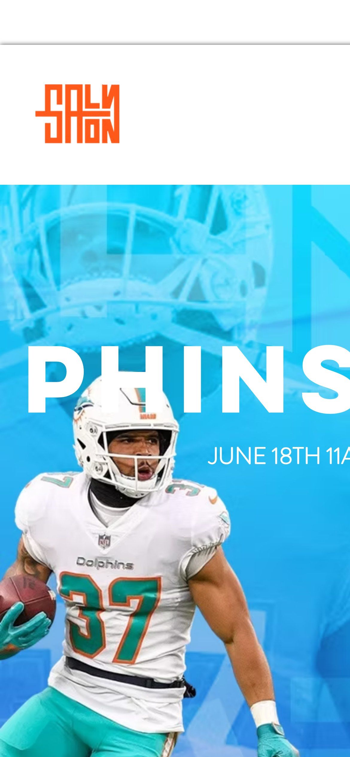 The camp website on a phone, above the fold: Salvon's logo, the start of the camp name and date, and Myles Gaskin in team kit