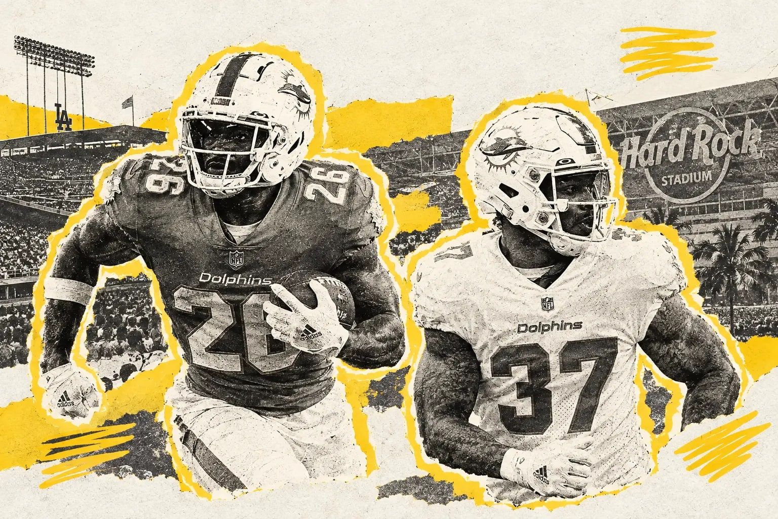 Cut-paper collage: Salvon Ahmed, number 26, and Myles Gaskin, number 37, in Miami Dolphins uniforms on torn yellow backings over a halftone stadium crowd, with light towers at the left, the Hard Rock Stadium sign at the right, and yellow scribbles