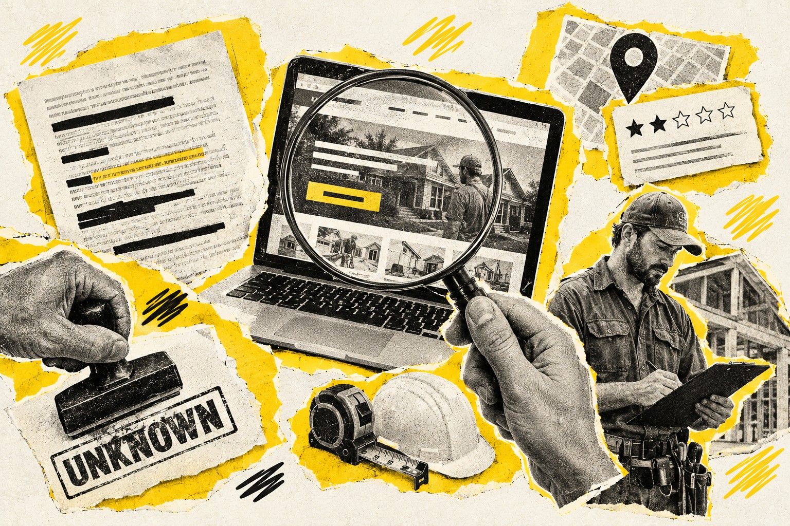 Cut-paper collage on cream paper with torn yellow backings: a hand holds a magnifying glass over a laptop showing a contractor's website, beside a printed report with black redaction bars, a map pin and a two-star review card, a contractor writing on a clipboard, a tape measure and hard hat, and a hand stamping the word UNKNOWN