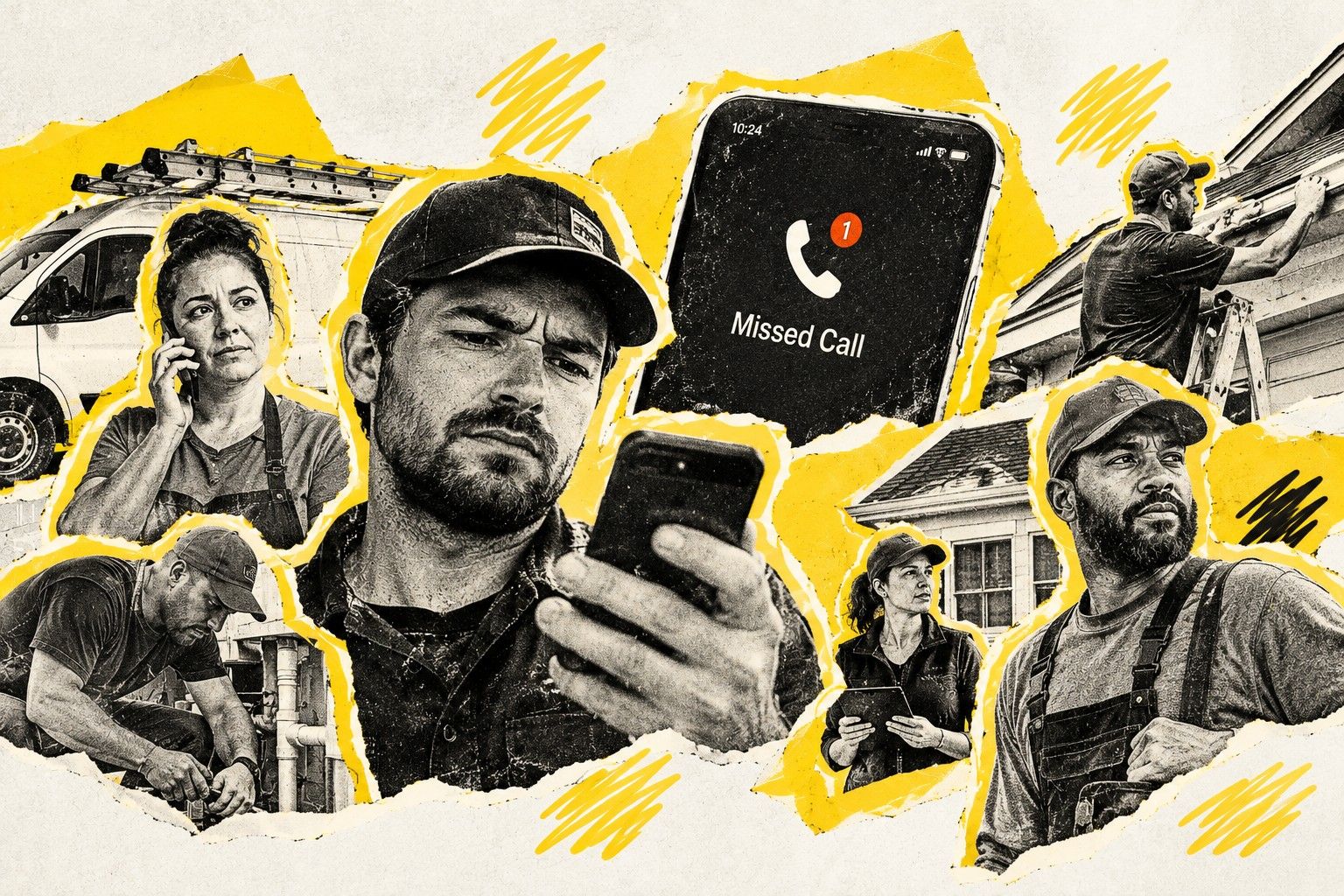 Cut-paper collage on cream paper with torn yellow backings: a phone screen reading Missed Call at the center, a tradesman frowning at his phone, a woman on a call beside a work van, a plumber bent over pipes, a roofer at a gutter, and two more crew members looking off frame