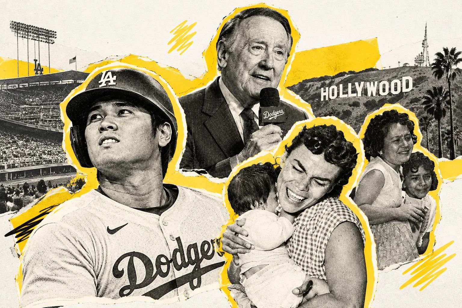 Collage on cream paper with torn yellow edges: Dodger Stadium, Shohei Ohtani in a Dodgers uniform, Vin Scully at a microphone, the Hollywood sign, and two archival photographs of the families evicted from Chavez Ravine, one of a woman being carried from her home