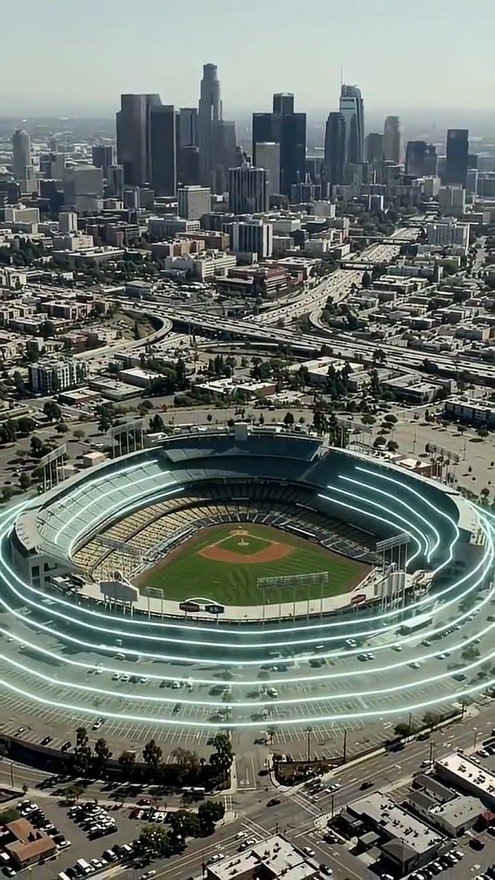 Dodger Stadium from above, its bowl set into the hillside, with downtown Los Angeles behind it
